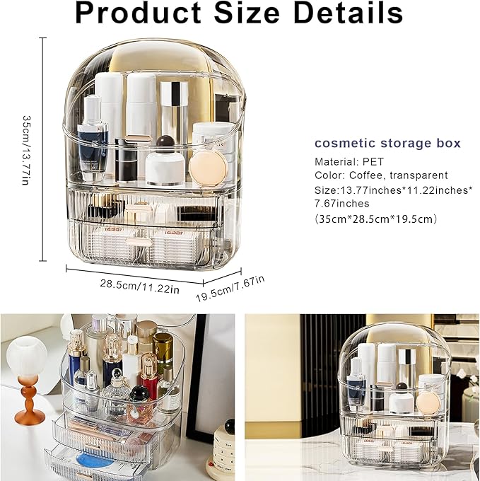 DASITON Makeup Organizer for Vanity,Large Capacity Cosmetic Organizer for Countertop,3 Layers Makeup Storage Organizer,Waterproof & Dustproof Cosmetic Display Case for Bathroom,Dresser,Bedroom(Clear)