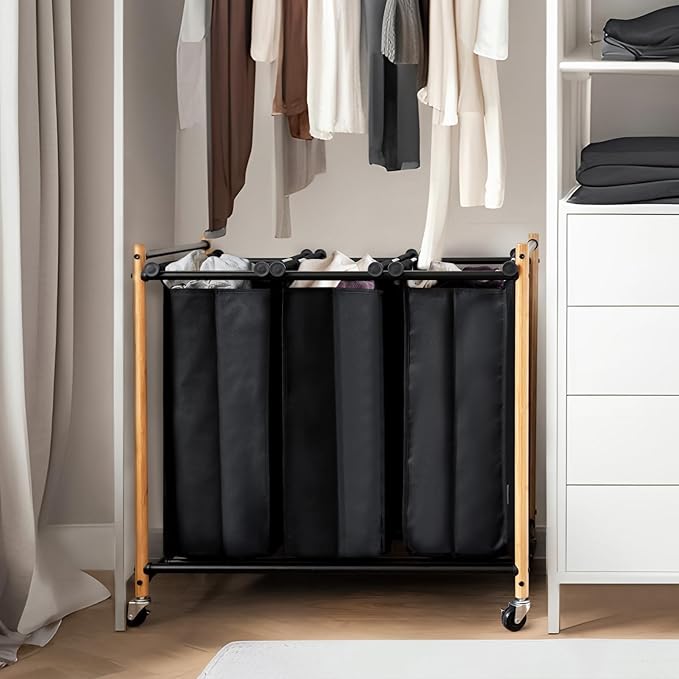 STORAGE MANIAC 3 Section Laundry Sorter, 35.9 Gal (136 L) Laundry Hamper Cart with Heavy Duty Rolling Lockable Wheels and Removable Bags, Clothes Organizer Basket Clothes Separator Hamper, Bamboo
