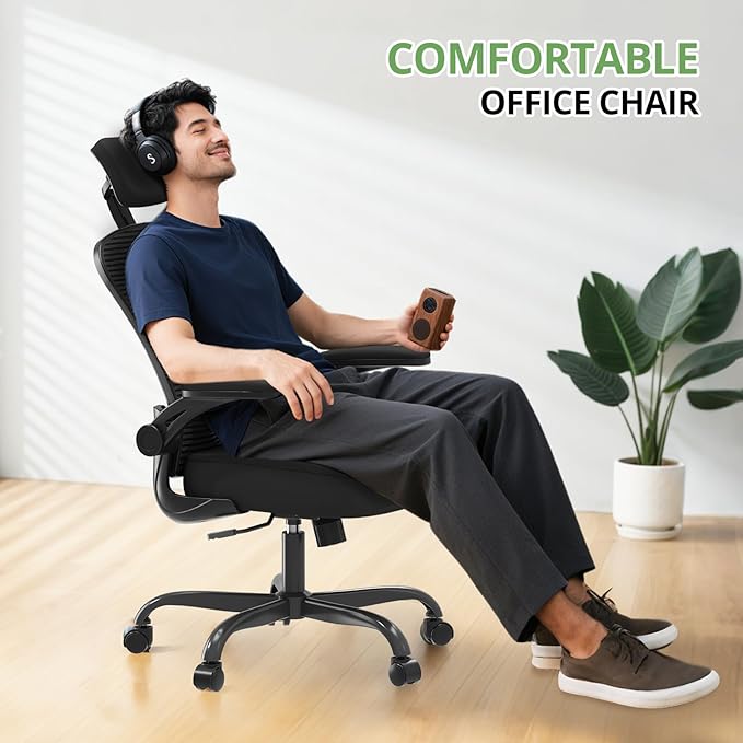 Office Chair Ergonomic Desk Chair, 330LBS Capacity, High Back Computer Chair for Long Hours Comfortable, Rolling Swivel Executive Task Chair for Home Office with Flip-up Armrests, Black