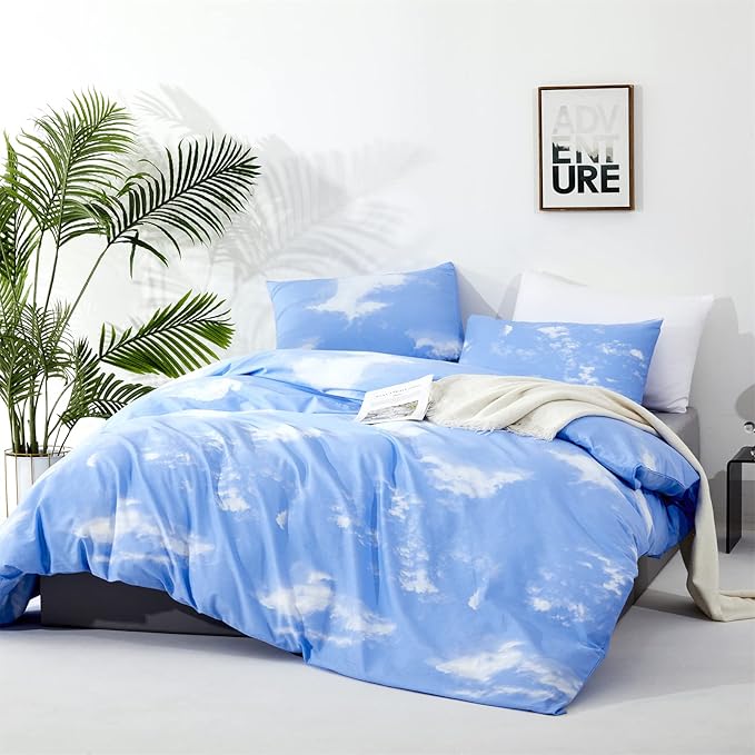 CLOTHKNOW Blue Sky California King Comforter Set White Cloud Bedding Comforter Sets Women Men Comforter Blue Comforter with 2 x Pillow Cases