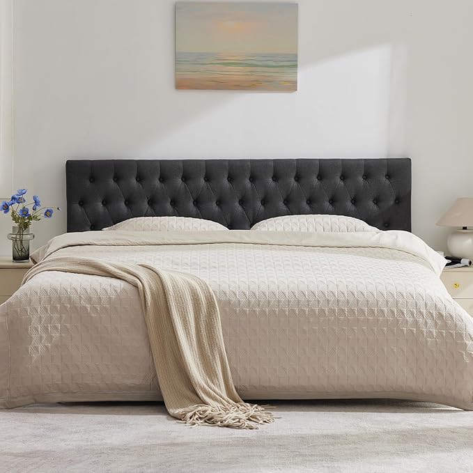 Kingfun Tufted Upholstered Queen Size Bed Headboard in Modern Button Design, Adjustable Solid Wood Head Board, Premium Linen Fabric Padded Headboards in Bedroom (Dark Grey)