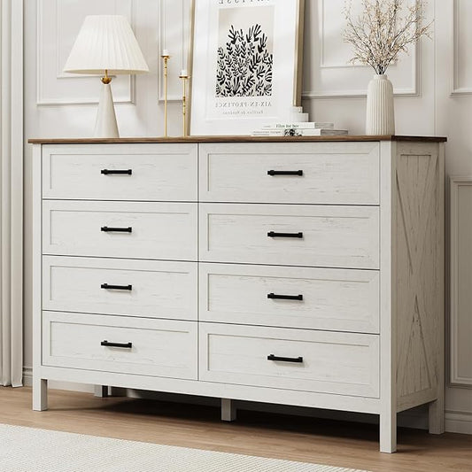 LYNSOM Farmhouse 8 Drawer Dresser for Bedroom, 55 Inch Wide Wood Rustic Chest of Drawers with X-Marking & Bar Handle, Large Storage Dressers Organizer for Bedroom, Living Room, Antique White