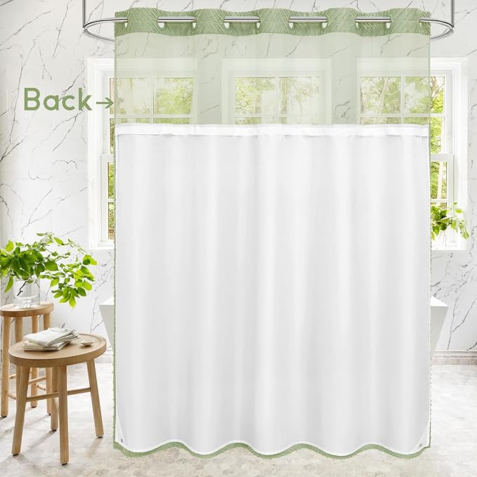 No Hook Sage Green Boho Shower Curtain and Liner Set, Modern Cloth Shower Curtain with Snap in Liner, Hotel Style with See Through Top Window Shower Curtains for Luxury Bathroom Decor, 72x74