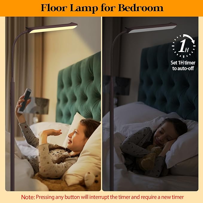 LED Floor Lamp, 18W Super Bright Floor Lamp for Living Room, Adjustable Stepless Colors & Brightness Gooseneck Standing Lamp, Eye Caring Reading Light with Remote& Touch Control for Bedroom Office