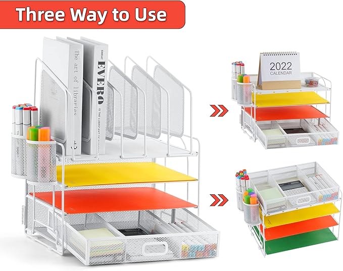 Marbrasse Desk Organizers, 4-Tier Mesh Desk File Organizer with 5 Vertical File Holders and 2 Pen Holders, Multifunction Desktop Organizer,Desk Organizers and Accessories for Home Office (White)