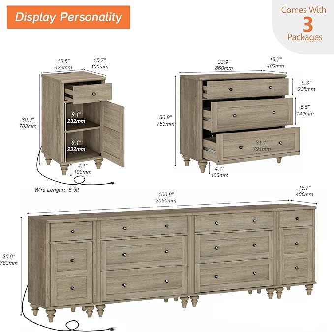 WAMPAT 100 inch TV Stand with 8 Drawers, TV Cabinet Entertainment Center for 75/80/85/90 Inch TV, Kids Dresser with 3 Drawers for Bedroom, Nightstands with Charging Station for Living Room, Wash Grey