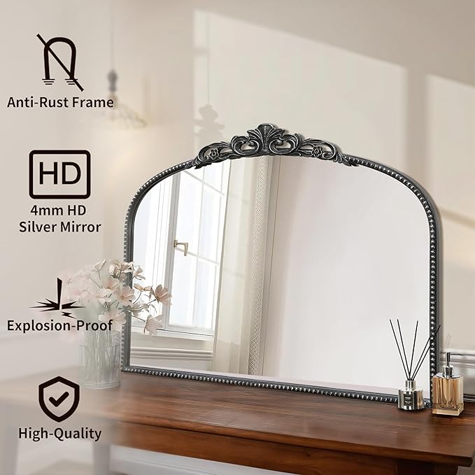 Micasso Black Vintage Wall Mirror: 24"x 32" French Baroque Antique Arched Wall Mounted Mirror - Traditional Ornate Decorative Entryway Mirror for Home Decor/Entryway/Fireplace/Living Room/Hallway