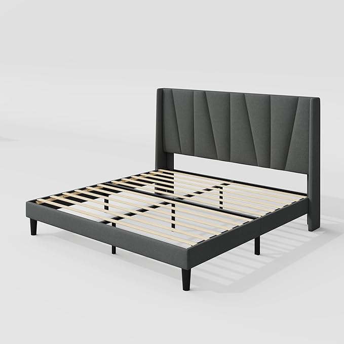 Allewie King Size Platform Bed Frame with Geometric Wingback Headboard, Modern Upholstered Bed with Wooden Slats Support, No Box Spring Needed, Easy Assembly, Dark Grey
