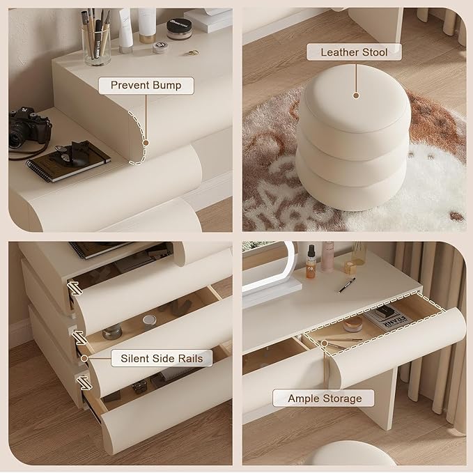 Makeup Vanity Desk with Lighted Mirror and Stool, Faux Leather Upholstered Finish, Modern Dressing Table with 5 Drawers for Bedroom and Makeup Room, Easy Assembly, White