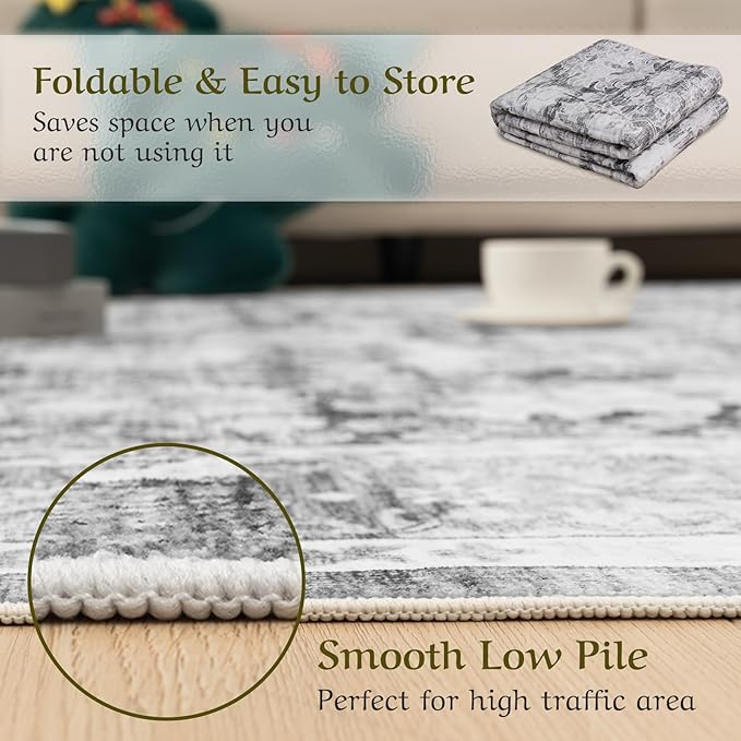 HOMFINE Machine Washable Rug 5'x7' - Vintage Design Area Rugs with Non Slip Rugs for Living Room Bedroom Floral Print Rug Carpet Stain Resistant, Home Decor Office Area Rug, Light Grey