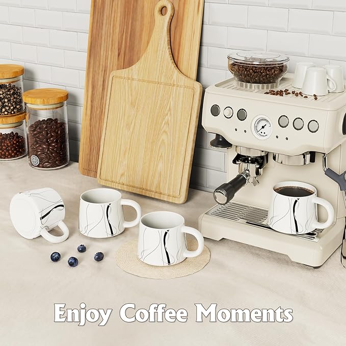 12 oz Coffee Mugs Set of 4, Modern Stackable Coffee Cups Set for Latte, Hot Tea, Cappuccino, Ceramic Coffee Mug Tea Cup, Dishwasher & Microwave Safe, Housewarming Wedding Present (White)