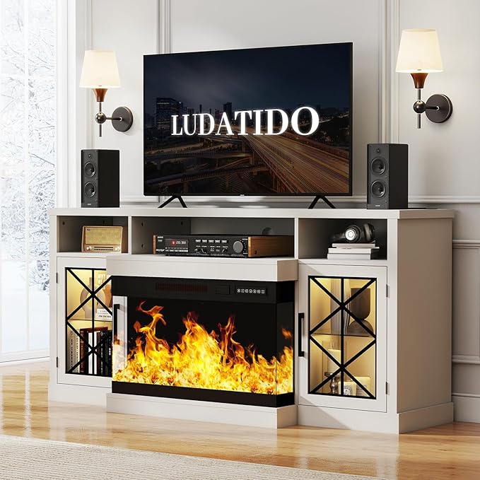 Ludatido 65 Inch FireplaceTV Stand with 3-Sided Glass Insert, Storage Cabinets & Drawers, Fits TVs up to 75", Remote & Touch Control, White Entertainment Center with USB&AC Power Interface, White