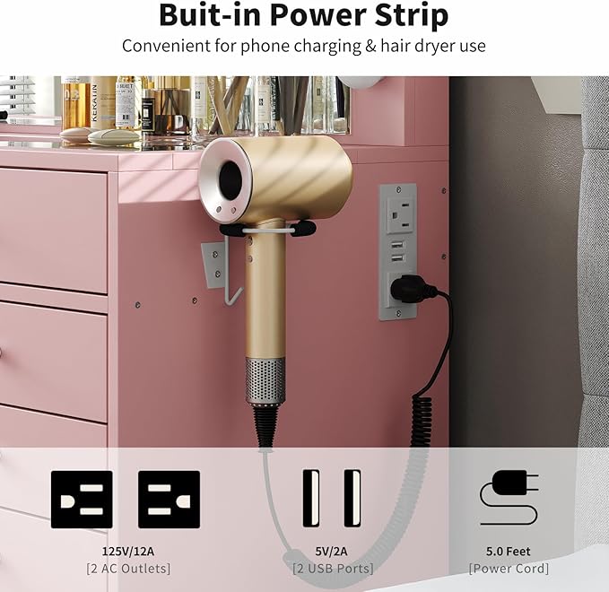 55" W Vanity Desk, Makeup Vanity with Charging Station, 15 Drawers with Lighted Mirror, 3 Lighting Modes, Brightness Adjustable, Glass Top, Vanity Table with Chair for Bedroom, Pink