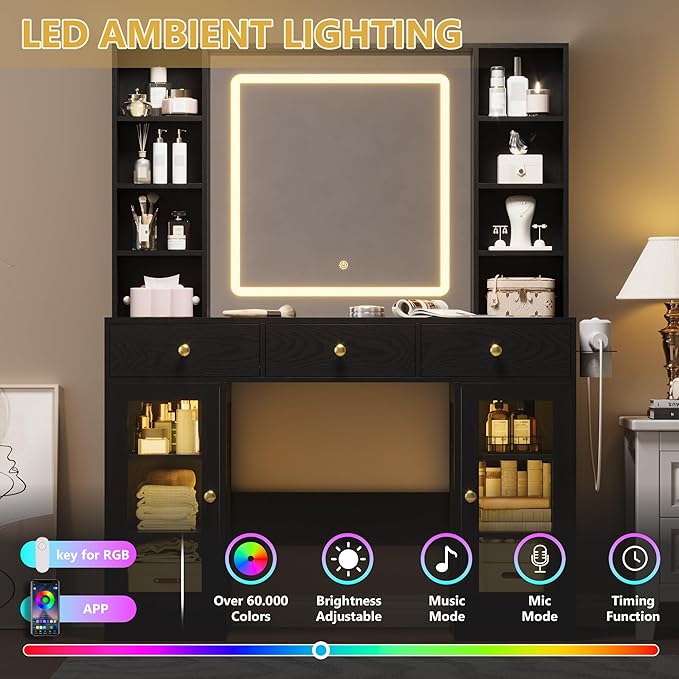 Vanity Desk with Mirror and Lights, Black Makeup Vanity with Glass Top & Drawers, 3 Lighting Modes, Power Outlet, RGB Glass Cabinets, Modern Dressing Table for Bedroom, Girls, Women, Teens