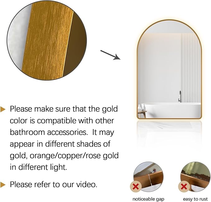 Niccy Arched LED Lighted Bathroom Mirror, 36x24 Inch Backlit Vanity Bathroom Mirror with Lights Brushed Gold Framed Wall Mounted Mirrors with 3 Color Shatterproof Arch Smart Fog Free Mirror