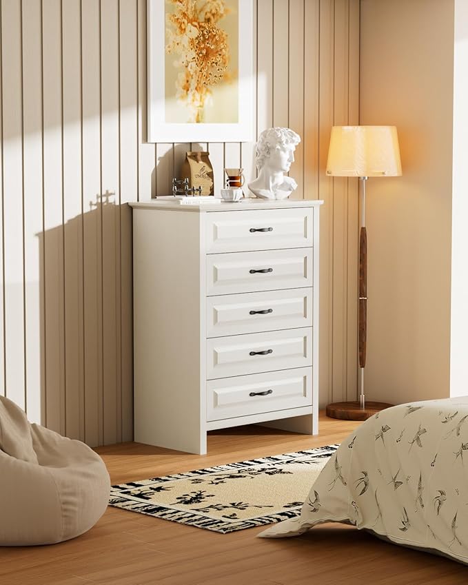 Amada Farmhouse 5 Drawer Dresser for Bedroom with Wood Drawers, Supports up to 22 lbs per Drawer, Anti-Tip Design for Safety, 5 Dresser Drawer Unit for Bedroom, Hallway, White