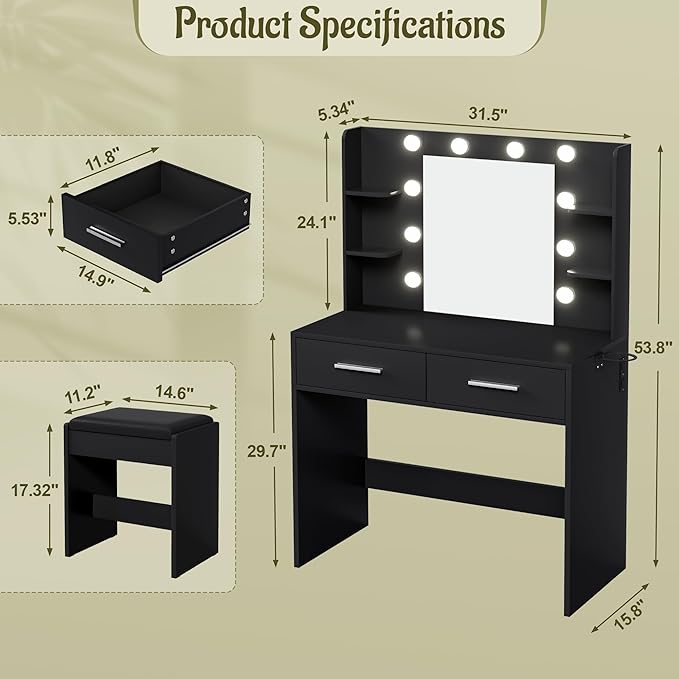 YESHOMY Vanity Desk with Mirror, Makeup Table with 2 Large Drawers, Power Outlet and Round Holder, 3 Color Modes Adjustable Bulb, Bench Included, Pure Black