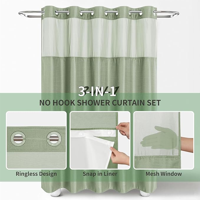 Stall No Hook Shower Curtain with Snap-in Fabric Liner Set,Waffle Weave Shower Curtains for Bathroom,Hotel Luxury Decor Bathroom Curtain Set,Waterproof & Washable,Sage Green,54Wx80H
