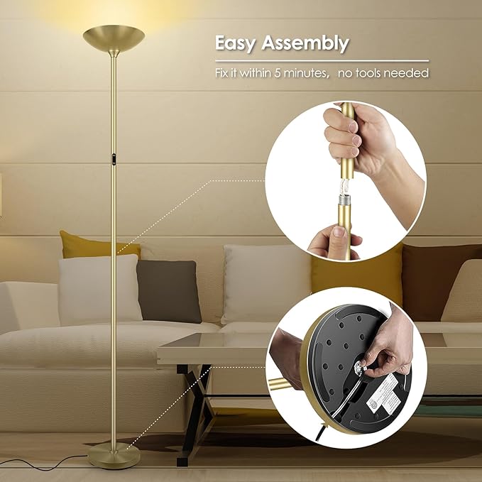Stepless Dimmable Floor Lamp,30W 3000LM Super Bright LED Torchiere Floor Lamps with Remote & Touch Control,71 In Tall Modern Pole Standing Lamp for Living Room Bedroom Office,2700k-6500k,Golden