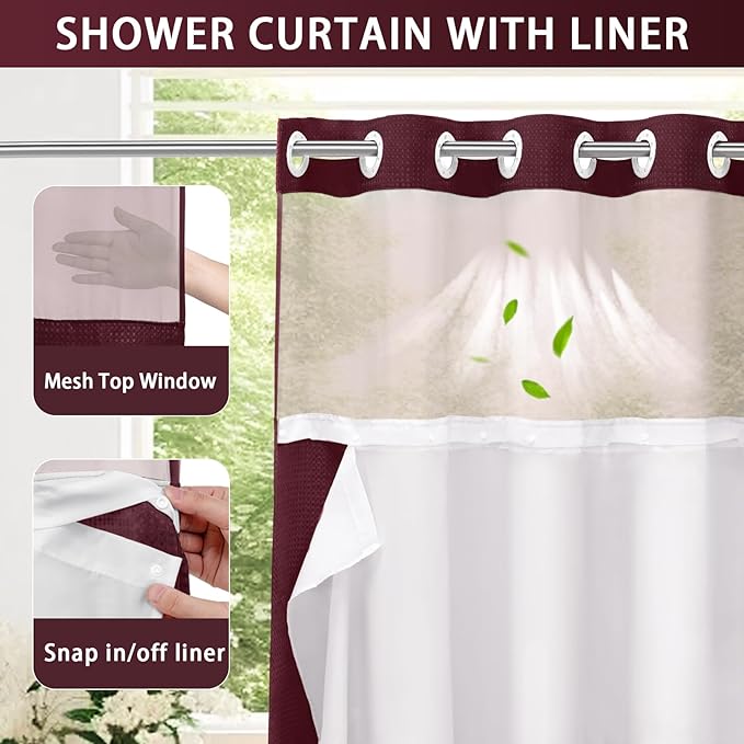 YellyHommy No Hook Shower Curtain with Snap in Liner Set Less Time Waffle Shower Curtain for Bathroom 75" L x 72" W Burgundy
