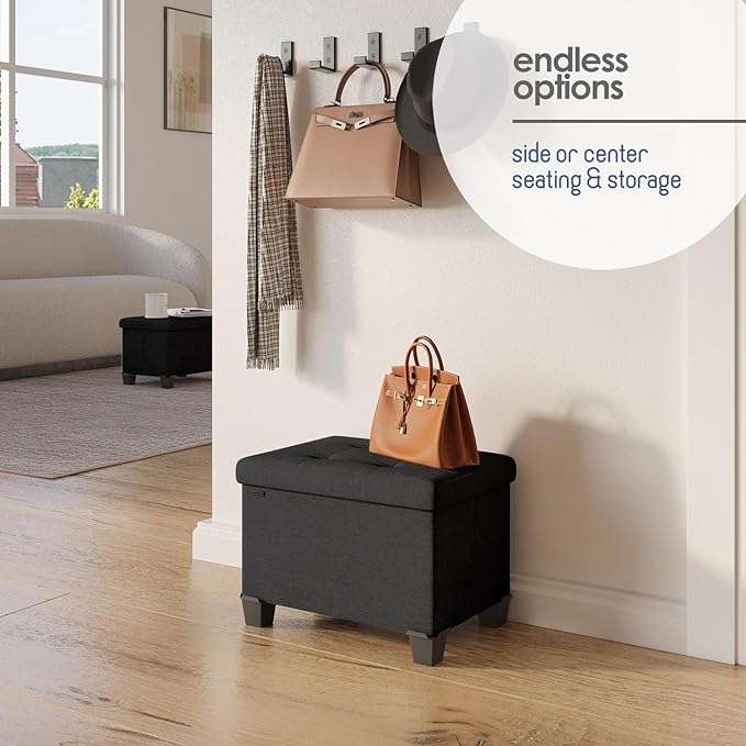 STORAGEBUD Storage Ottoman Cube with Small Bin, 16-in Square Ottoman with Storage for Living Room and Bedroom, Small Ottomans Foot Rest, Fabric Foot Stools Ottomans Max 330lbs, Black