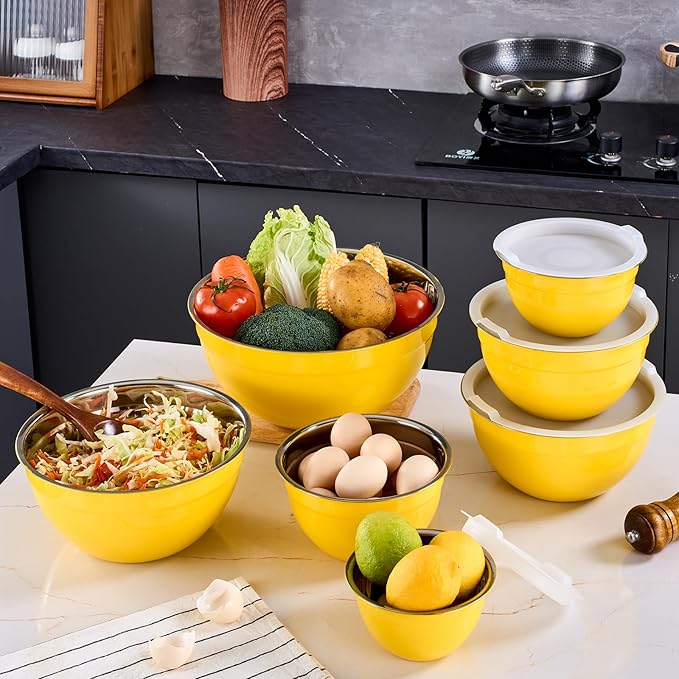 Yellow Mixing Bowls With Airtight Lids,Stainless Steel Bowl,Salad Bowls 7 Piece Colorful Nesting Bowl Yellow Kitchen Accessories,Size 7,3.6,2.7,2.1,1.5,1.1,0.8QT Stackable Design