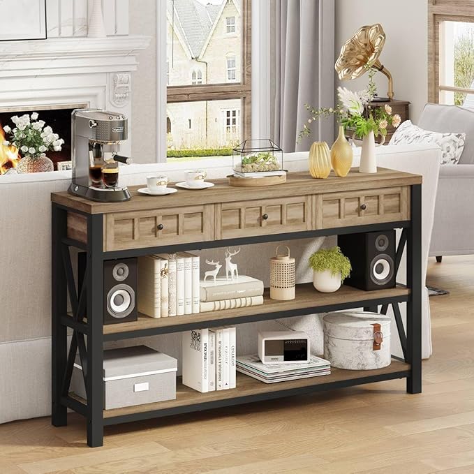 FATORRI Console Table for Entryway, Rustic Sofa Table with 3 Drawers for Living Room, Farmhouse Hallway Tables with Storage and Couch Tables Behind Sofa (54.72 Inch Long, Rustic Oak)