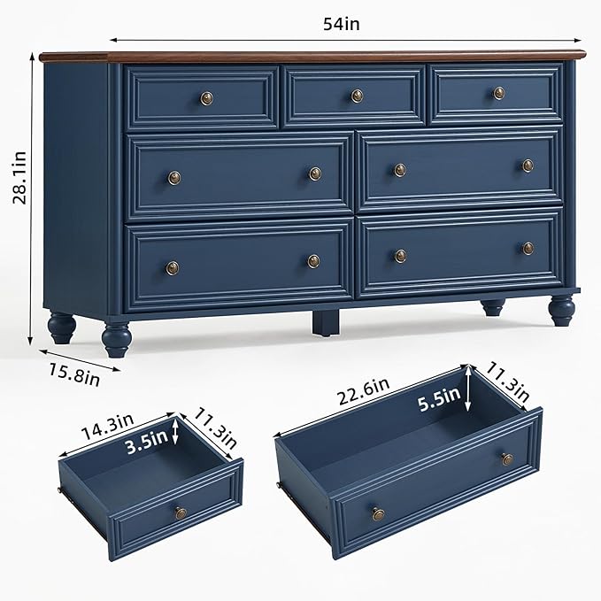 7 Drawers Dresser for Bedroom, Farmhouse 54" Wide Wood Dressers Chest of Drawers, Vintage Design TV Stand, Rustic Storage Dresser Organizer with Metal Handle Closet for Living Room, Hallway