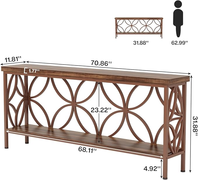 Tribesigns 70.9-Inch Narrow Sofa Table, Industrial Long Sofa Table Behind Couch, Entry Console Table with Storage for Entryway, Living Room, Foyer, Unique Design, Brown Matte