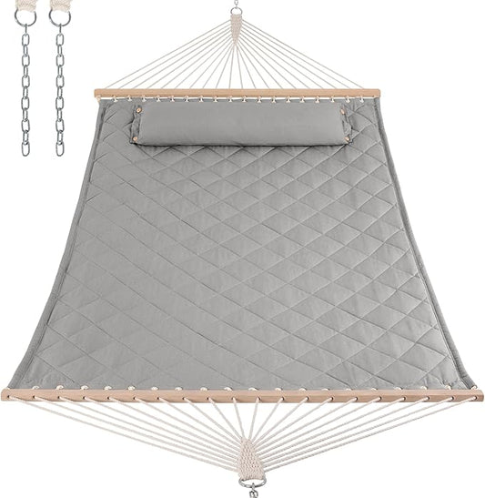 ANOW Heavy Duty Hammock with Spreader Bars and Detachable Pillow, 2 Person Hammock for Outdoors Indoors, 450 LBS Weight Capacity, Light Gray