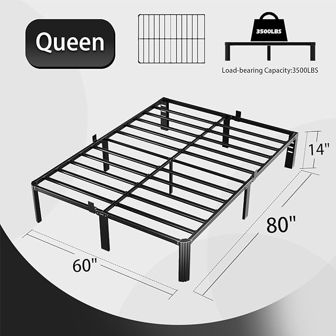 14 inch Metal Queen Bed Frame with Rounded Corner and Headboard Hole Mattress Retainers 3500LBS Heavy Duty Steel Slats No Box Spring Needed Platform Noise-Free Easy Assembly Queen Bed Frames