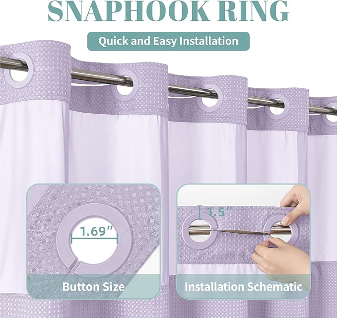 Lavender Long No Hook Waffle Weave Shower Curtain with snap-in Liner Replacement, 230GSM Waterproof Fabric Hotel Shower Curtain Set for Bathroom, Through Mesh Top Window,71Wx80H