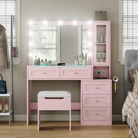 Pink Vanity Desk with Illuminated Mirror & Power Outlet,Vanity with RGB Light Strip and 12 LED Lights,Vanity Table with Chair,Set 3 Lighting Modes Brightness Adjustable