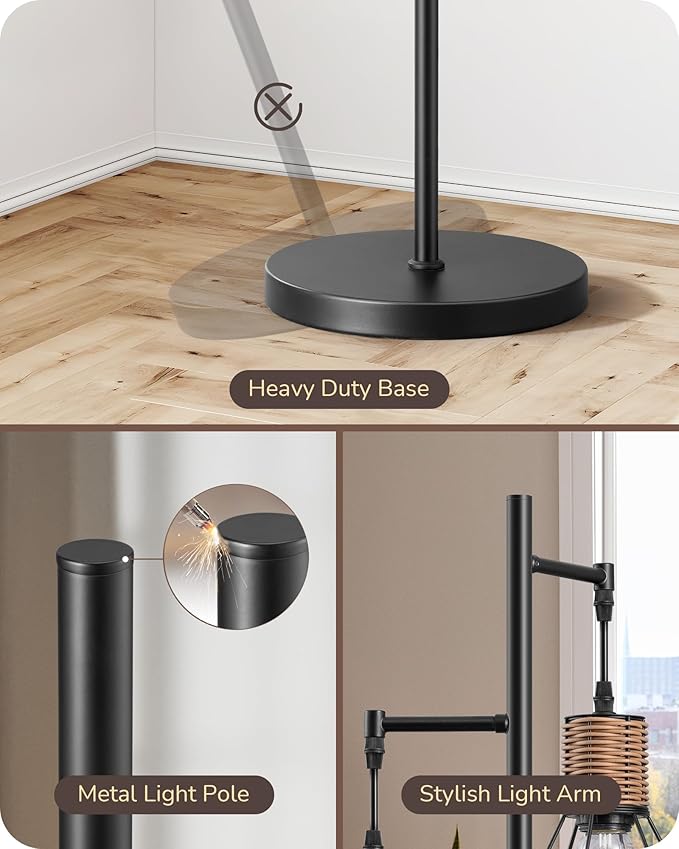 EDISHINE Dimmable Farmhouse Floor Lamp for Living Room, Industrial Black Standing Lamp with 3 LED Edison Bulbs, Corner Rustic Rattan Tall Tree Reading Lamps Home Decor for Bedroom, Office