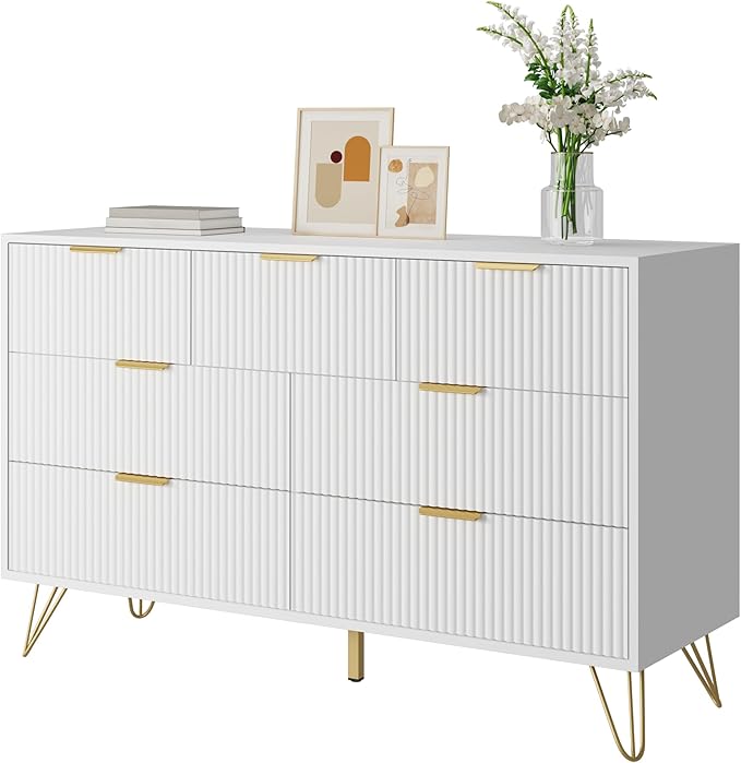 White Dresser for Bedroom, 7 Drawers Dresser with Golden Handles, Modern Wood Chest for Living Room, Hallway, Entryway