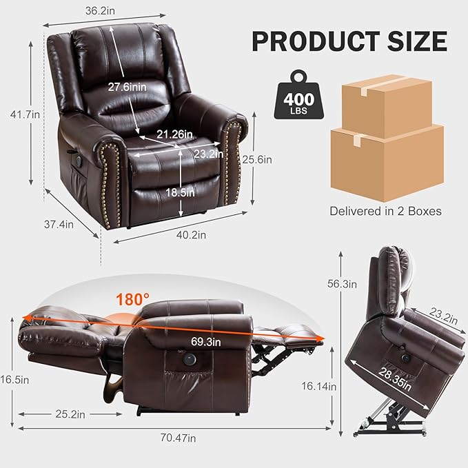 CDCASA Dual Motor Lay Flat Lift Chairs Recliners for Elderly with Massage and Heat, Breathable Leather Infinite Position Large Sleeping Electric Power Lift Chair Recline, Set of 2, Brown