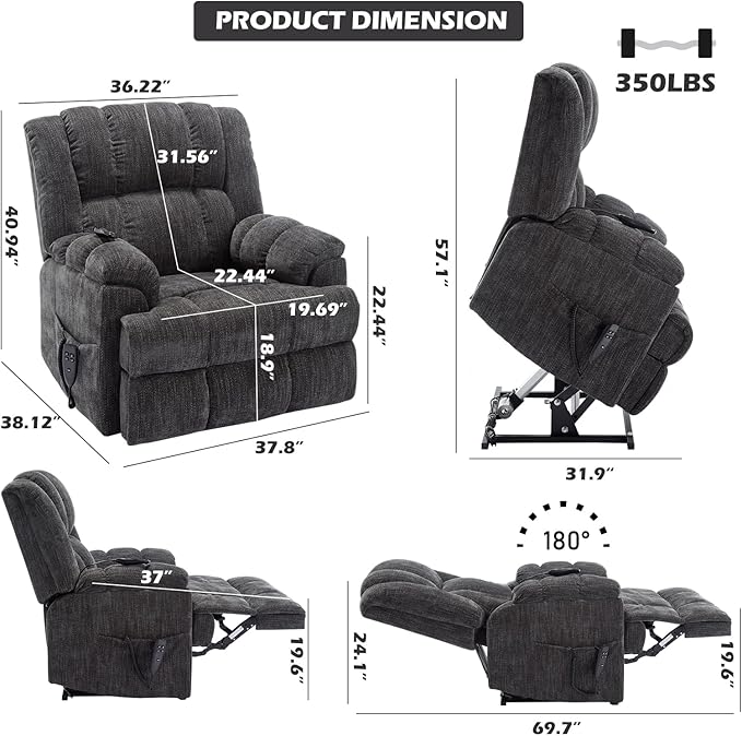 Power Lift Chair with Vibration Massage Heat for Elderly People, Dual Motor Electric Lay Flat Recliner Chair with Power-Remote, Standing Assistance Reclining, Chenille Dark Gray