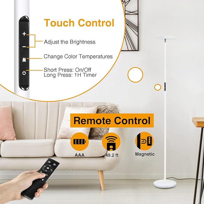 OUTON Floor Lamp, 30W/3000LM LED Modern Torchiere Sky Lamp, Bright Dimmable Standing Tall Lamp with 4 Color Temperatures, Remote Touch Control, 1 Hour Timer for Living Room Bedroom Office, White