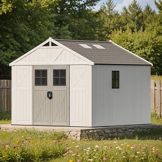 Patiowell 10x10 FT Outdoor Storage Shed, Plastic Shed with Floor and Skylight, Four-Window Resin Storage Shed with Lockable Door for Garden, Patio, Backyard, Beige