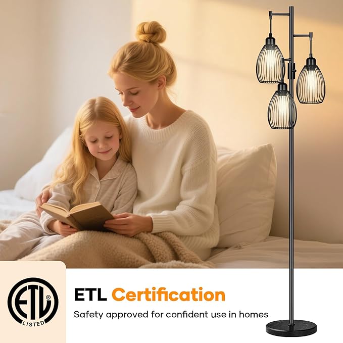 Dimmable Floor Lamp,3x800LM LED Bulbs Included, Farmhouse Industrial Floor Lamp Standing Tree Lamp with Teardrop Cage Head Tall Lamp for Living Room Bedroom Office Dining Room - Black & Marble Base