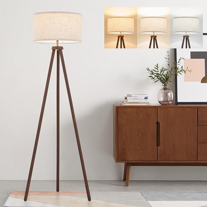 ELYONA Wood Tripod Floor Lamp Brushed Brass Metal & 3 Color Temperatures LED Bulb Vintage Wooded Standing Lamp Industrial Tall Light for Living Room Bedroom Office Beige Linen Shade Dark Brown & Gold