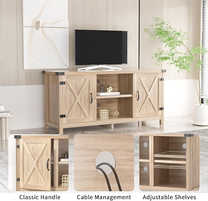 JUMMICO TV Stand, 65 Inch TV Farmhouse Entertainment Center with Double Barn Doors and Storage Cabinets, Console TV Table Media for Living Room, Bedroom (Pale Yellow)