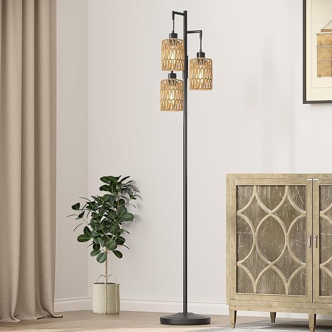 Oneach 68" Floor Lamps for Living Room, Stepless Dimmable Boho Floor Lamp with 3 Bulbs, Tall Farmhouse Industrial Corner Standing Tree Lamp for Bedroom, Office, Study Room, Dining Room, Black