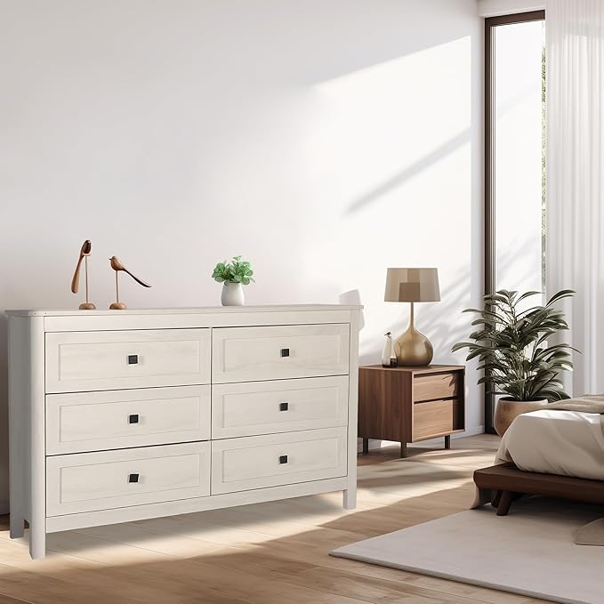 Farmhouse 6 Drawers Dresser, Wood Double Dresser Chest of Drawers Wide Storage Organizer Cabinet for Bedroom, Living Room, Rustic Beige