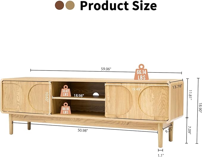 59" Farmhouse TV Stand for Television 55/60/65 Inch, Wooden TV Console with Adjustable Storage Shelf and Arch Sliding Door, Entertainment Center Media Cabinet for Living Room, Bedroom (Natural)