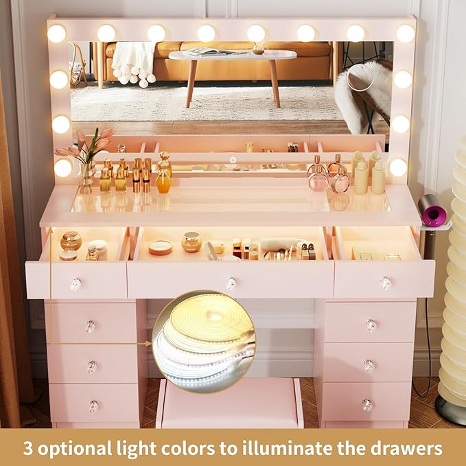 VOWNER Vanity with Lighted Mirror - Makeup Vanity Desk with Glass Top and 11 Drawers, 3 Color Lighting Modes Adjustable Brightness, 46" Vanity Table with Soft Cushioned Stool for Bedroom, Pink