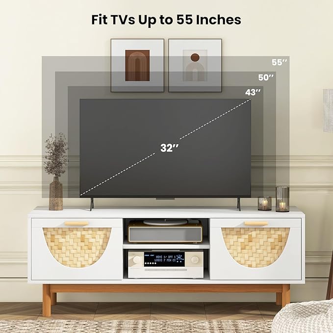 Tangkula White TV Stand for 55 Inch TVs, Mid Century Modern Entertainment Center with 2 Drawers & Bamboo Woven Fronts, Solid Wood Legs, Boho TV Console Table for Living Room (White, 47.5”, for 55"TV)