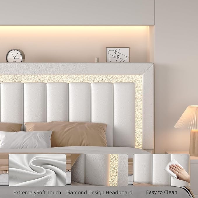 HOMBCK Floating Bed Frame King with Smart LED Lights, Faux Leather Upholstered Bed with Diamond PU Headboard, No Box Spring Needed, Noise-Free, Easy Assembly, White