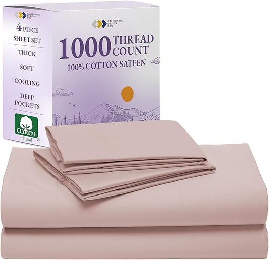 California Design Den King Sheets Deep Pocket Set - Luxury 1000 Thread Count Sateen, Thick and Natural 100% Cotton King Sheet Set, Soft, Breathable and Durable Bedding - Sepia Rose