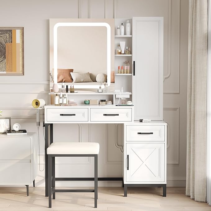 Maupvit Vanity Desk with HD LED Mirror,White Vanity with Large Jewelry Cabinet,Lots Storage Shelves,3 Drawers & Cabinets,Makeup Desk with Charging Station,3 Lighting Modes, Brightness Adjustable